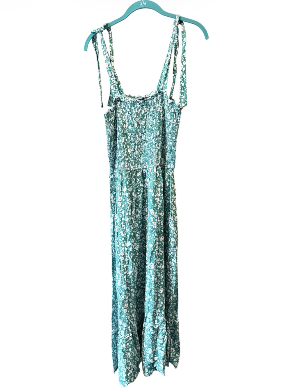 $ SALE Zesica large Green Floral Smocked Top tie straps maxi length